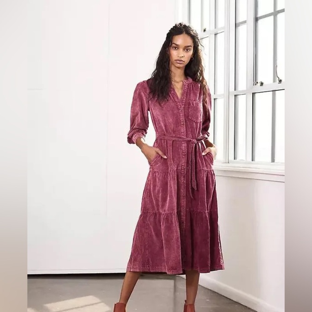 Anthropologie Mauve Corduroy Button-Front Maxi Dress